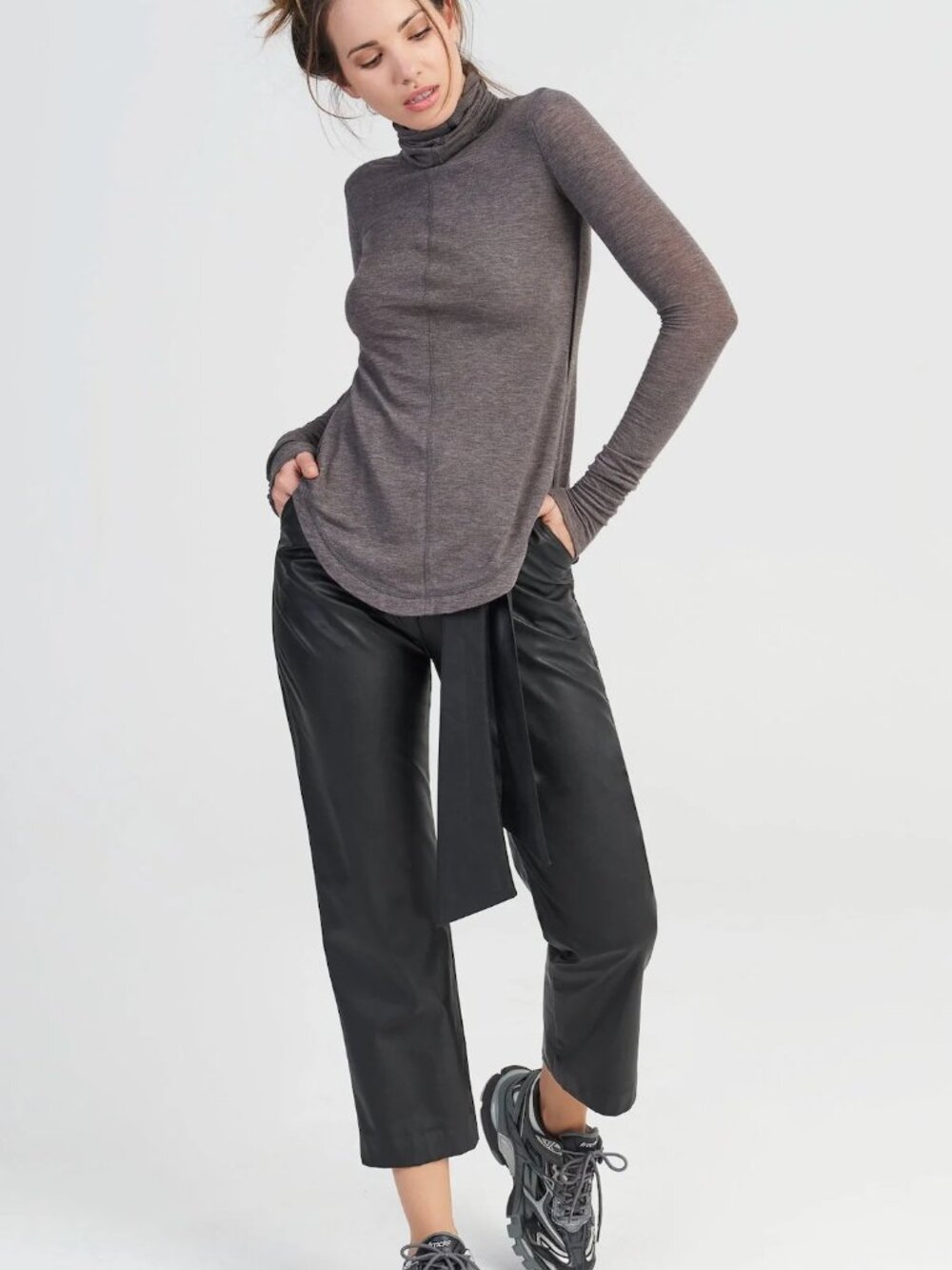 Aakasha Brown Turtleneck Top Asymmetric Tulip Hem Raw Edge Dystopian NWOT M